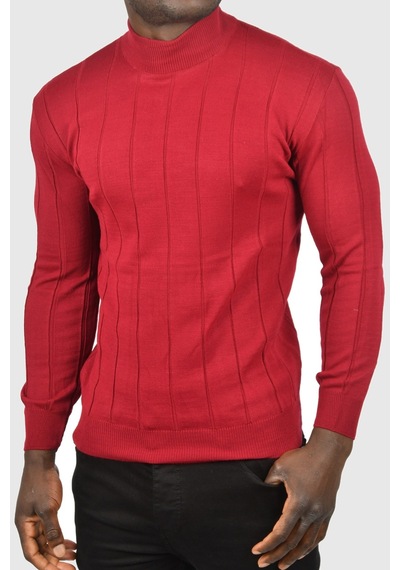 Deepsea Erkek Bordo Slim Fit Likralı Tüylenme Yapmayan Yarım Balıkçı Çizgili Triko Yarım Boğazlı Kazak 2505503 Bordo