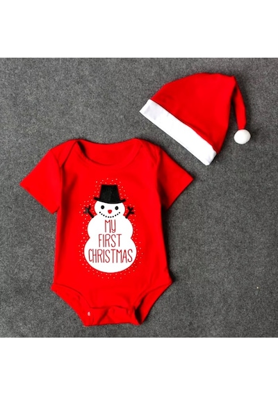 Yılbaşı Noel Christmas Temalı Organik Bebek Body Şapka Takımı 6-9 Aylık Kırmızı