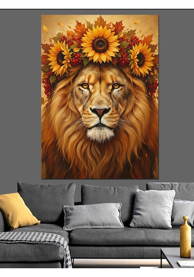 Ahşap Tablo Çiçek Şapkalı Aslan
