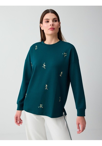 Jimmy Key Koyu Yeşil Bol Kesim Uzun Kollu Desenli Sweatshirt 6sw237193320