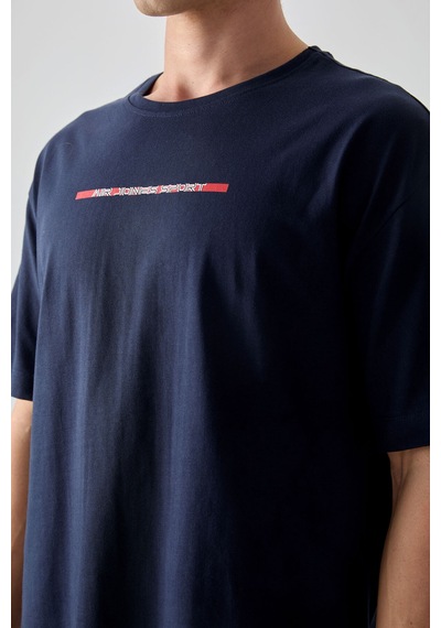 Air Jones Tommy Life Lacivert %100 Pamuk Kalın Yumuşak Dokulu Oversize Fit Baskılı Erkek T-shirt - 88358 Lacivert