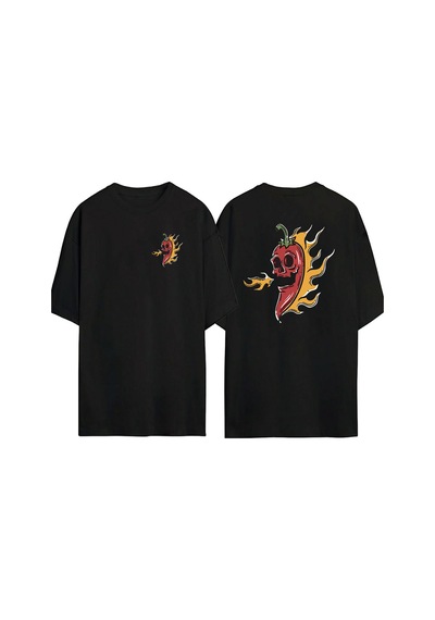 Thewert Unisex Alevli Acı Biber Ön Arka Baskılı Sıyah Oversize T-shirt Siyah