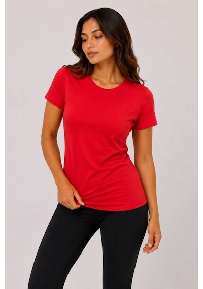 Kadın Basic Tişört Bisiklet Yaka Kısa Kol Günlük Yazlık Slim Fit T-shirt - Kırmızı
