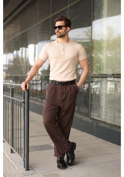 Madmext Bej Yarım Düğmeli Slim Fit Erkek Tişört E7186