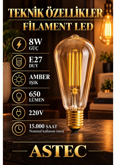 Astec E27 Edison 8 Watt Amber Filament Ampul Dekoratif Filament Led