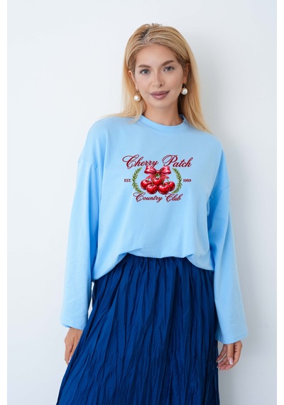 Medinenur Cherry Baskılı Tesettüre Uygun Uzun Kollu Body Mavi