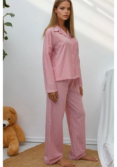 Hiccup Çizgili Pamuklu Pijama Takımı Bordo Kırmızı