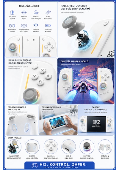Nyxi Hyperion 3 Beyaz Joypad Switch 2  Hall Effect Drift Yapmayan Joystick Kablosuz Oyun Kolu Joy-con