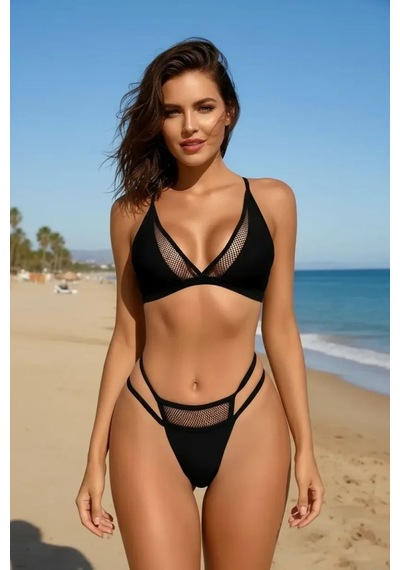 Siyah File Detaylı Şık Bikini Takımı Yüksek Bel Esnek Kumaş Yazlık Kadın Mayo Seti