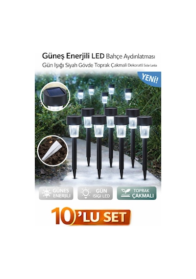 10 Lu Set Güneş Enerjili Led Bahçe Aydınlatması, Gün Işığı Renk, Siyah Gövde, Toprak Çakmalı