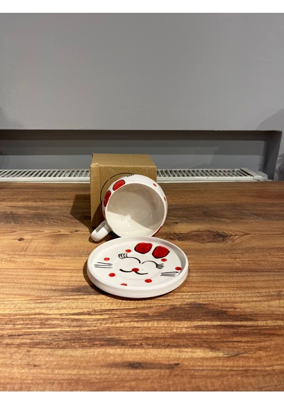 Kedi Desenli Tabaklı Seramik Kupa, Mug, Double T. Kahvesi Filtre