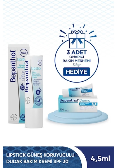 Bepanthol Güneş Koruyucu Dudak Bakım Kremi SPF30 4.5 G + Bepanthol Derma Onarıcı Bakım Merhemi 3 x 3.5 G