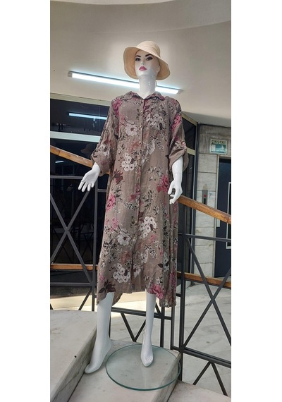 Bohem Stil İtalyan Gömlek Yaka Uzun Kol Dijital Baskılı Keten Elbise Camel