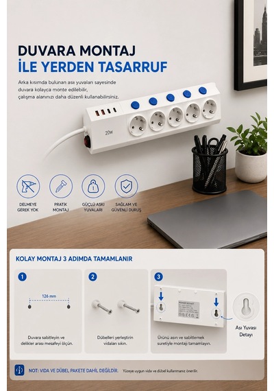 5'li Akım Korumalı Çoklu Priz 2 Metre Kablolu 3680w 16a 5 Anahtarlı 2usb-a 2 Usb-c Pd 20w Hızlı Ftr- 2 M