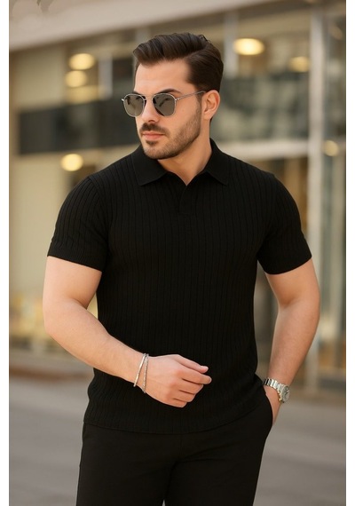 Veraura Lifestyle Erkek Kısa Kollu Yakalı Çizgi Desenli Triko Bluz Siyah