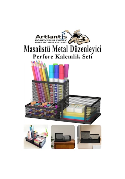 Masaüstü Metal Kalemlik Seti 3 Lü Kombo 1 Paket Fileli Perfore Pastel Renkli Kalemlik Kağıtlık Küpnotluk Düzenleyici Siyah