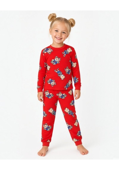 Seabubbles Teddy Bear Unisex Çocuk Pijama Takım Kırmızı