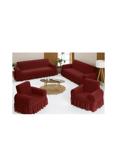 Jakarlı Şal Desen Koltuk, Kanepe, Çekyat Örtüsü, Likralı, Etekli, Koltuk Kılıfı 3+3+1+1 Takım Bordo - 797175283 Bordo