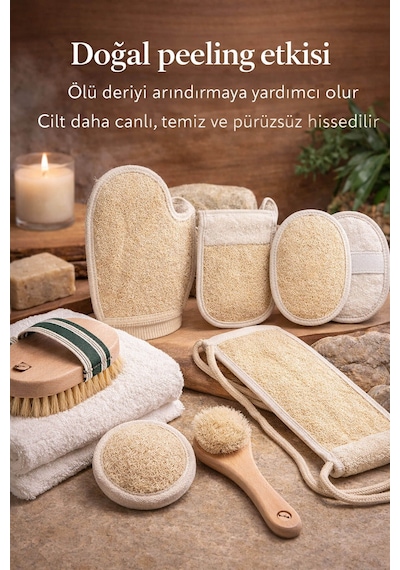 8 Parça Doğal Bakım Full Set - At Kılı Vücut & Yüz Fırçası + 6 Farklı Kabak Lifi Kese Spa Paketi