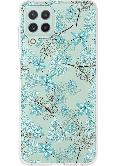 Samsung Galaxy M32 Uyumlu Kapak Floral Su Yeşili Tasarımlı Şeffaf Silikon Kılıf