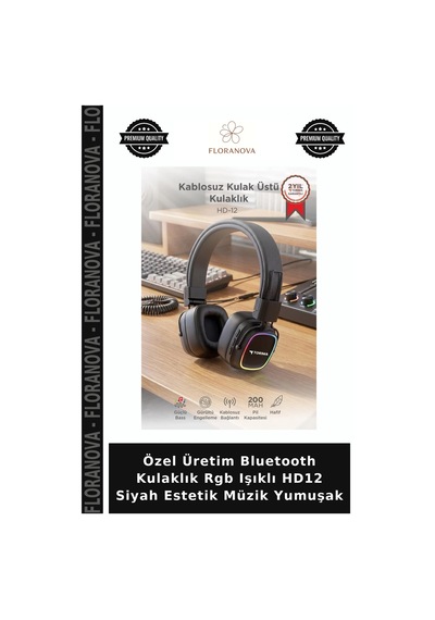 Özel Üretim Bluetooth Kulaklık Rgb Işıklı Hd12 Siyah Estetik Müzik Yumuşak
