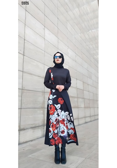 Moda Kadın Tesettür Bisiklet Yaka Çiçekli Uzun Kollu Mikro Midielbise Siyah
