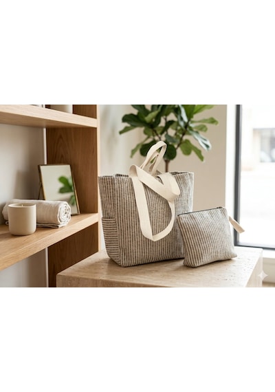 Faralya Life Çizgili Çanta 50x42 Cm Ve Makyaj Çantası Seti 26 21cm Bez Çanta Kombin Set Siyah