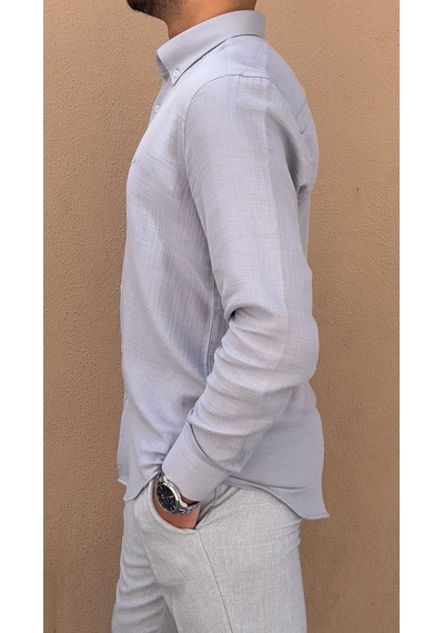 Slim Fit Uzun Kol Müslin Pamuk Rahat Nefes Alabilen Kumaştan Yaka Düğmeli Hediye Kutulu Erkek Gömlek Fs-004202 - Gri-2868