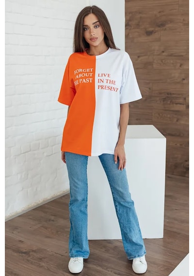 Unisex Forget Live Baskılı Oversize Tshirt Turuncu