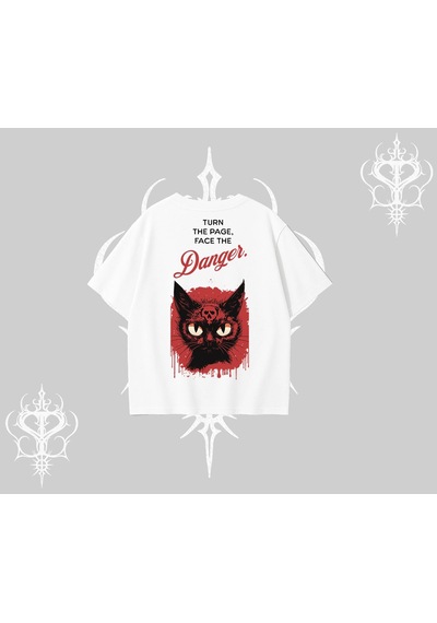 Tarzsokak Gotik Kedi Arka Baskılı Oversize Tshirt Beyaz