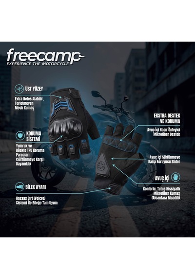 Freecamp Power Yarım Parmak Motosiklet Eldiveni-siyah-mavi
