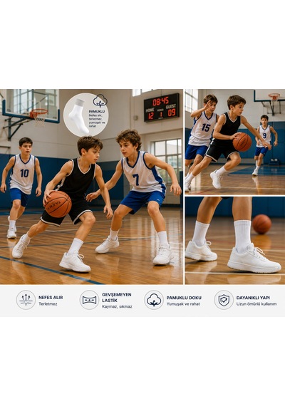 Km Collections Çocuk Tenis Çorabı 6 Çift Pamuklu Beyaz