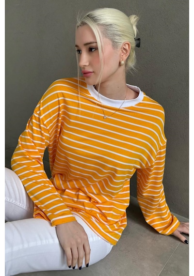 Hardal Bisiklet Yaka Çizgili Uzun Kollu Tişört Mg2362 Hardal