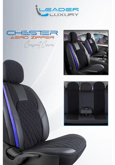 Fiat Bravo Pop Deri Detaylı Oto Koltuk Kılıfı Chester Serisi Siyah Mavi