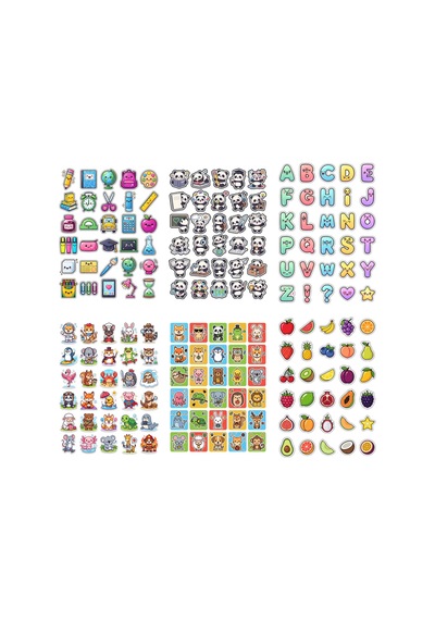 İlkokul Sticker Seti 180 Adet 6'lı Paket - Alfabe Hayvan Meyve Okul Eşyaları Defter Etiketi Çok Renkli