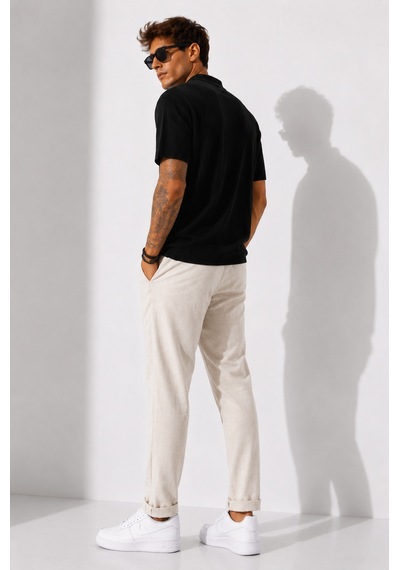 Ribana Erkek Kısa Kollu Fitilli Yarım Düğme Kapama Polo Yaka T-shirt 26001 Siyah