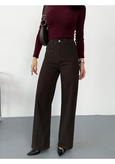 Kadın Kahverengi Ön Cepli Wide-leg Jean Yüksek Bel Geniş Paça Kot Pantolon Kahverengi