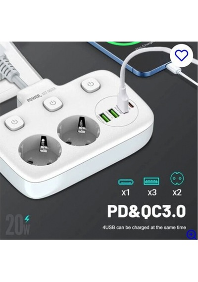 Akım Korumalı 2 Li Ayrı Anahtarlı Priz, 2x Priz, 3x Usb, 1x Type-c, 2 Mt Kablo, Hızlı Şarj Standart