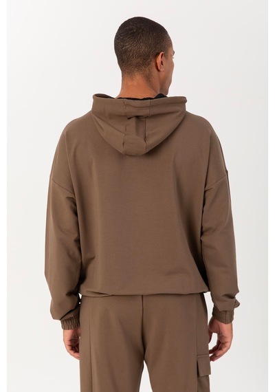 Maraton Sportswear Oversize Erkek Kapşonlu Düşük Kol Basic Kakao Sweatshirt 22465-kakao