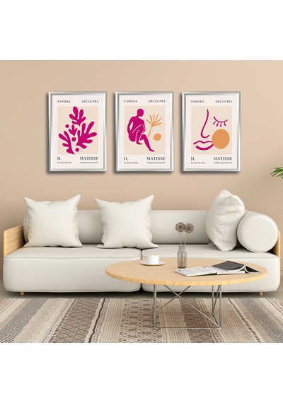 Henri Matisse 3'lü Alüminyum Çerçeveli Poster Seti - Önden Açılır A3 Açılır Kapanır Çerçeve Seti Fuşya Pembe Soyut Figürler, Gümüş