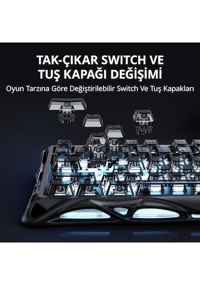 Gravastar Mercury K1 Rgb Kablosuz Mekanik Gaming Klavye, İngilizce Q, Stealth Black