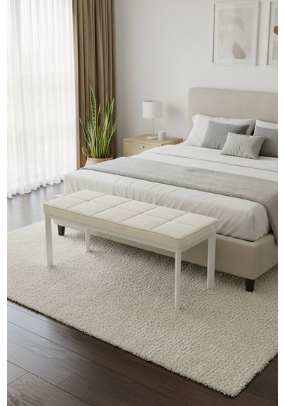 Vena 105x40 Bench - Babyface Kumaş Çımalı Döşeme Puf Bench Beyaz Ayaklı Krem