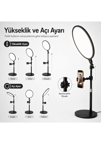 12 İnç Ring Light Telefon Tutuculu, 2700k-6500k Ayarlanabilir Işıklı Halka Lamba, Alüminyum Alaşımlı Canlı Yay