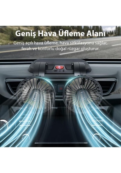 Ally F410 Usb Çift Başlıklı Araç Fanı Oto Fan Vantilatör Ve Numaratör, Siyah