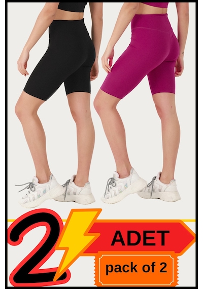 Missmaral Kadın Yüksek Bel Toparlayıcı Kısa Siyah &mürdüm Şort Tayt 2'li Paket Lycralı Biker Shorts 21071 Siyah - Mürdüm