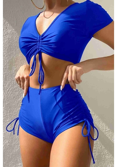 Angelsin Özel Tasarım Yarım Kol Büzgü Detaylı Bikini Üstü Mavi 001