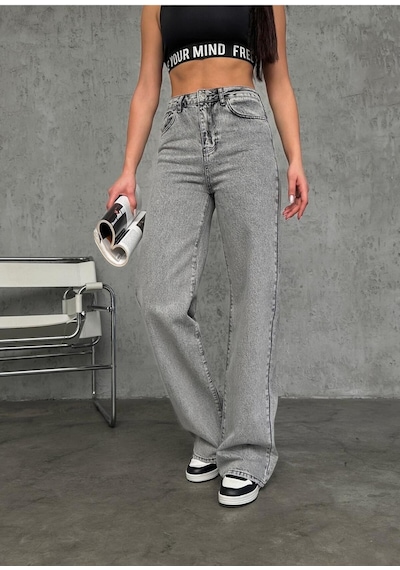 Wide-leg Geniş Paça Grey Snow Wash Denim Pantolon Gri