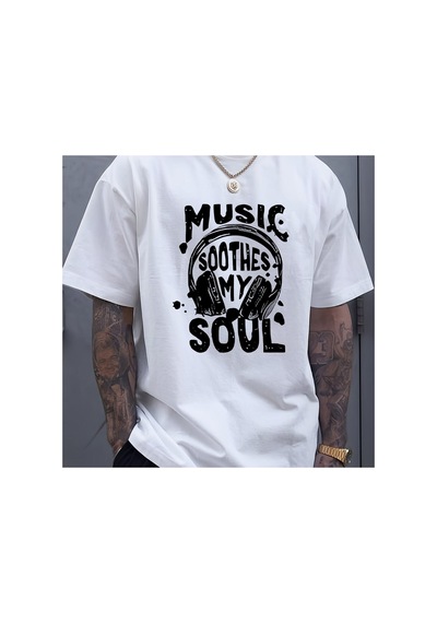 Caddemia Yaz Moda Rahat Gevşek Müzik Yatıştırıcı My Soul Desen Baskılı Spor Yuvarla Beyaz 2XL