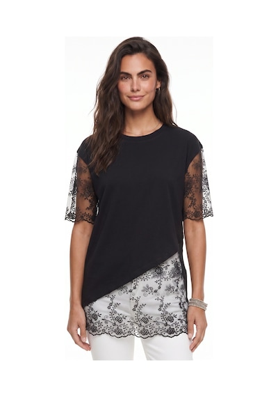 Onloox Kadın Siyah Siyah Pamuklu Bisiklet Yaka Relaxed Fit Dantel Garnili Asimetrik Kesim Kısa Kollu T-shirt Onloox Kadın Siyah Siyah Pamuklu Bisiklet Yaka Relaxed Fit Dantel Garnili Asimetrik Kesim Kısa Kollu T-shirt