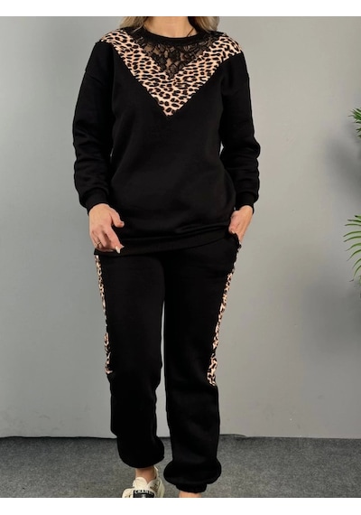 Defymoda Kadın Üç Iplik Kumaş Leopar Desenli Dantel Detaylı Ikili Takım Siyah